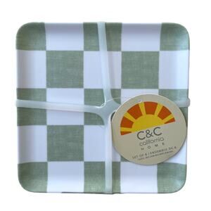 C&C CALIFORNIA Sage Green White Melamine 6" Square Appetizer Plates Set of 4 NEW